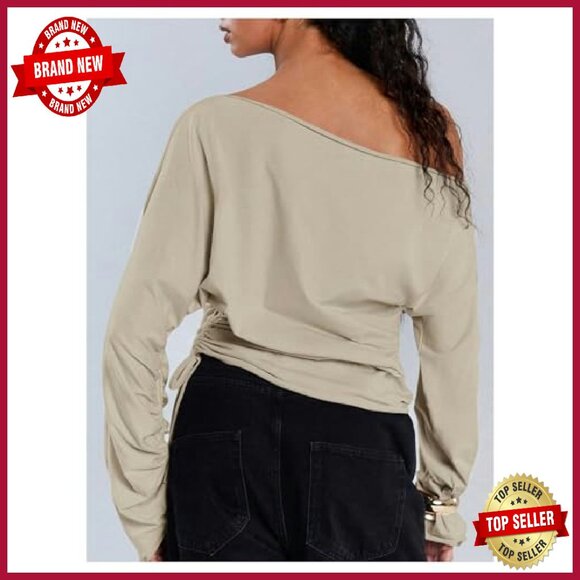 Off Shoulder Sweatshirt Asymmetrical Y2K Long Sleeve Top Stretch Fabric - Picture 4 of 7